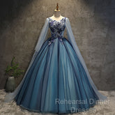 Blue Tulle Ball Gown Long Sweet 16 Dress With Lace Applique, Semi Formal Prom Dress